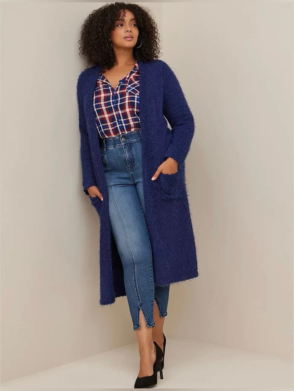 Torrid Cozy! Popcorn Duster Open Front Navy Blue Eyelash Cardigan - 0/L/12/14